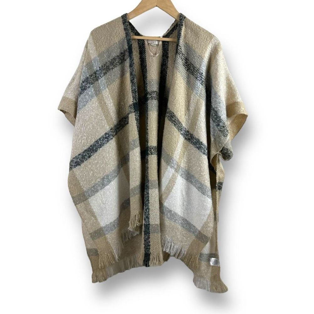 Loft Women's Size xs/s Poncho Top Neutral Beige Tan Blanket Wrap Fringe Scarf